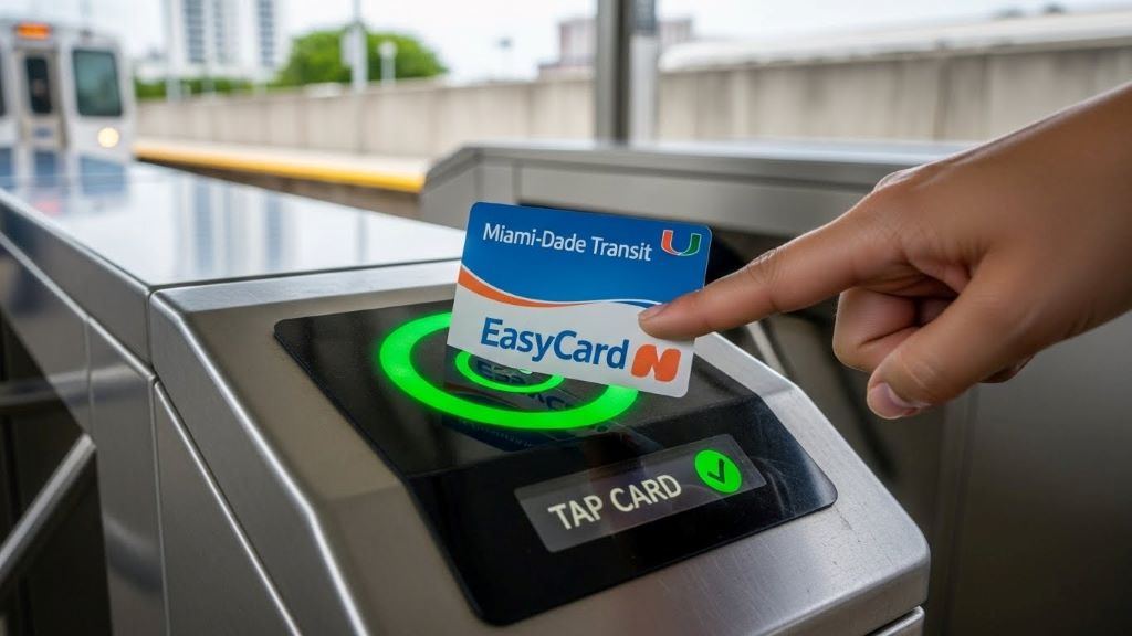 Miami-Dade Transit EasyCard being tapped on Metrorail turnstile reader