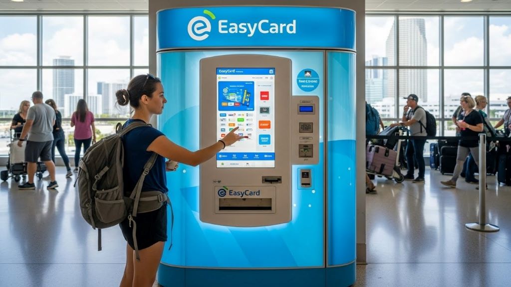 Tourist purchasing EasyCard from vending machine at Miami International Airport
