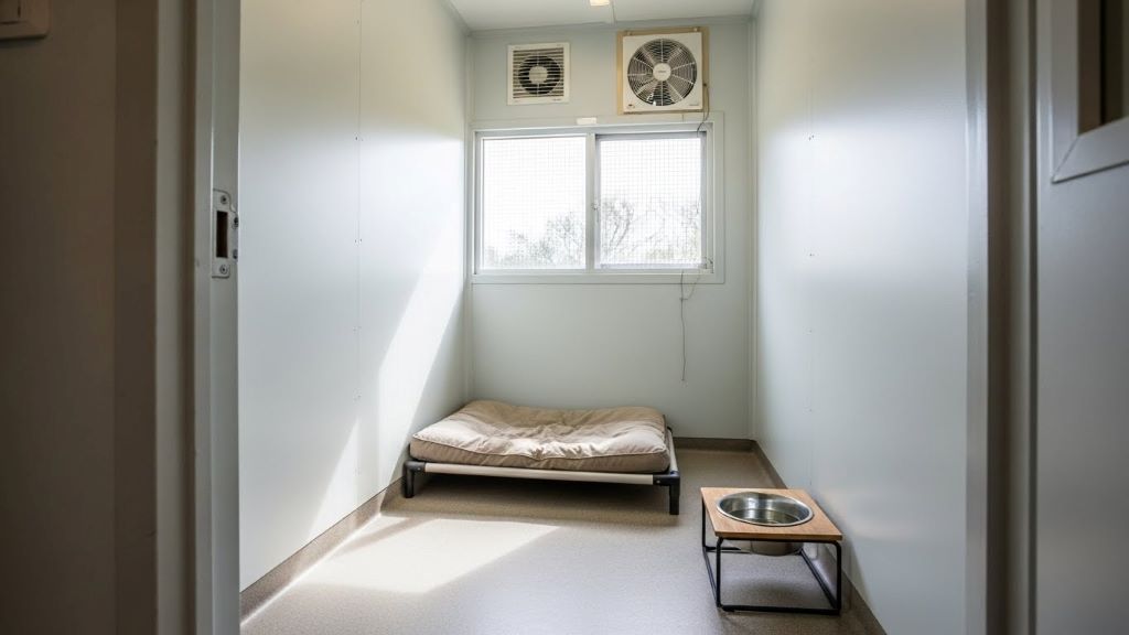 Clean dog kennel with proper ventilation and comfortable bedding meeting PACFA housing standards