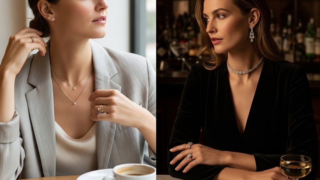 Close-up of versatile fine jewelry styled with a work-to-dinner outfit.