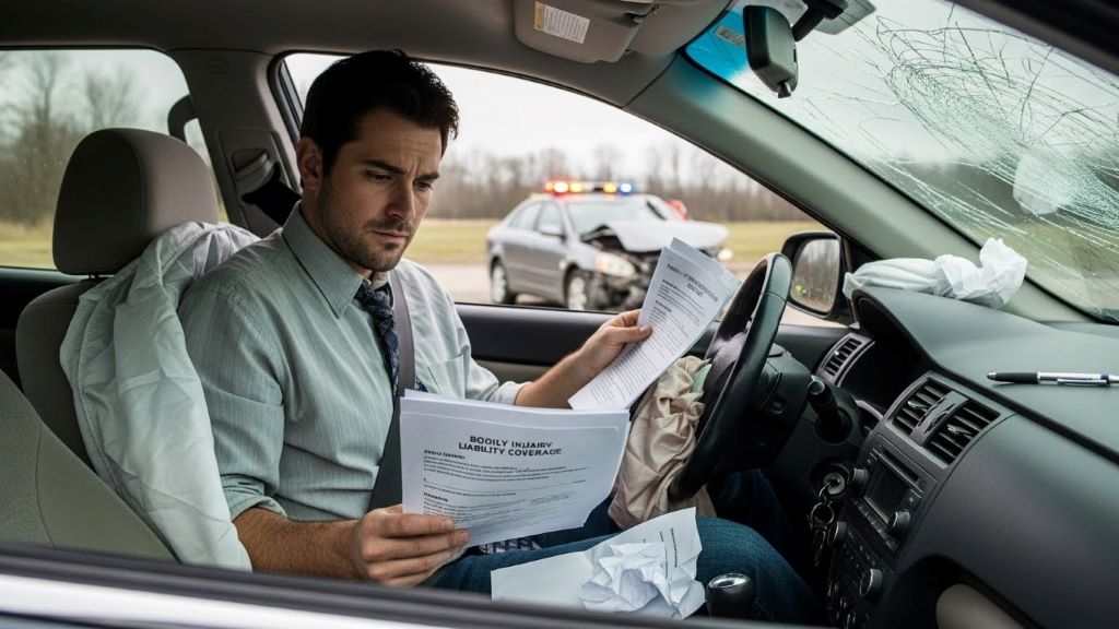 Driver reviewing auto insurance bodily injury liability coverage documents after car accident