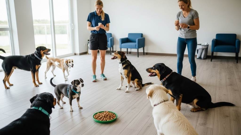 Group of dogs in positive reinforcement training class with treats