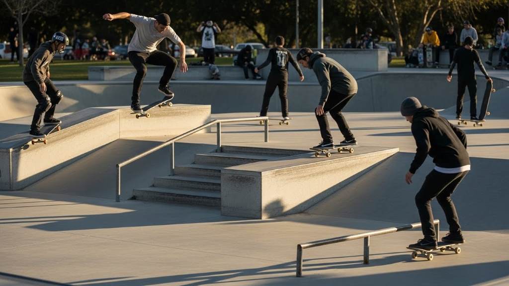 Group of skateboarders at a park session using setups with 52mm wheels for tricks and transitions