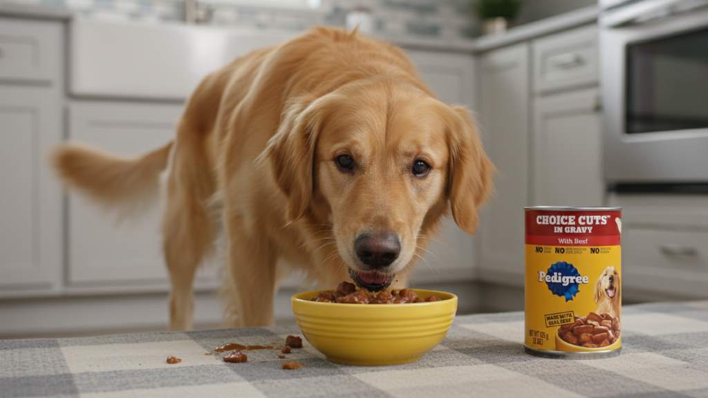 Happy dog enjoying a bowl of beef wet food in gravy