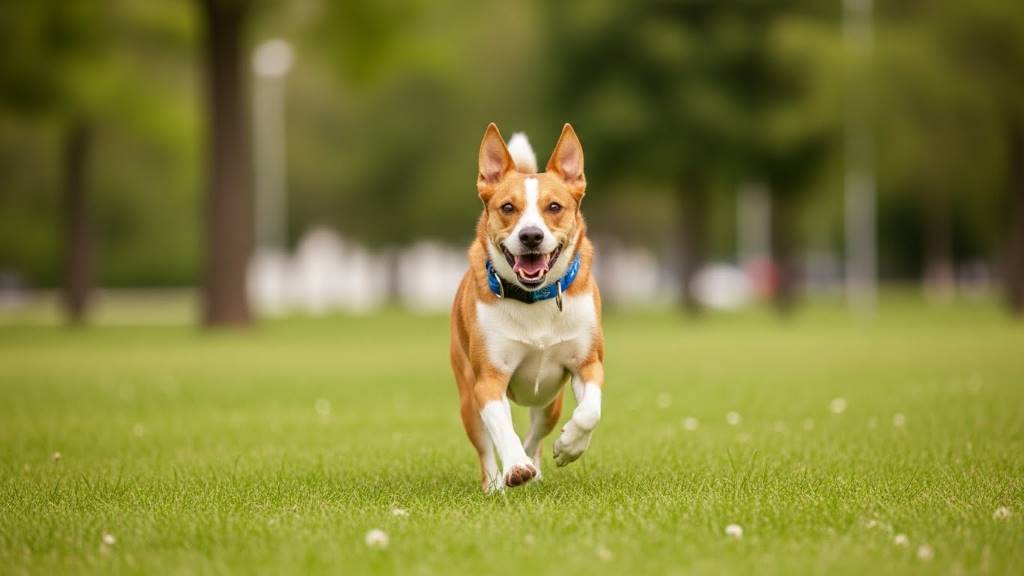 Happy dog running in park without collar for safe training illustration