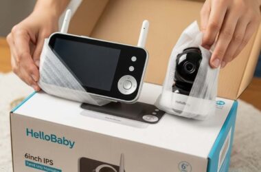 HelloBaby 6 inch IPS baby monitor parent unit and camera during unboxing process