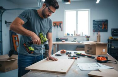 Homeowner using ergonomic cordless drill to assemble wooden furniture in bright garage workshop