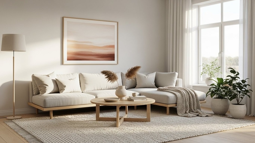Cozy minimalist living room with warm neutral tones