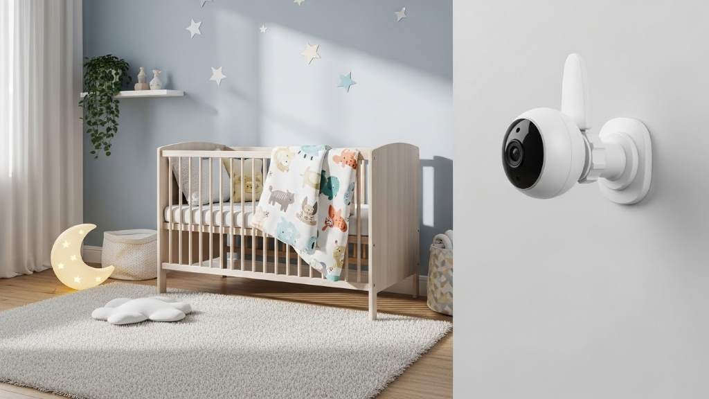 Modern high-definition video baby monitor camera mounted securely in a cozy nursery setting