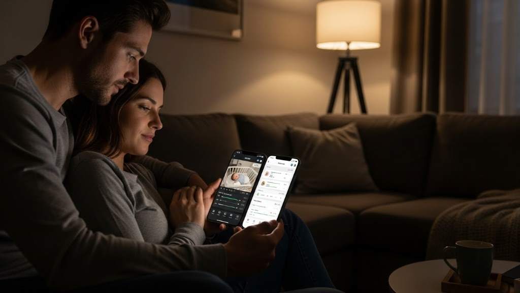 New parents peacefully checking their baby's sleep on a smartphone app from a reliable baby monitor