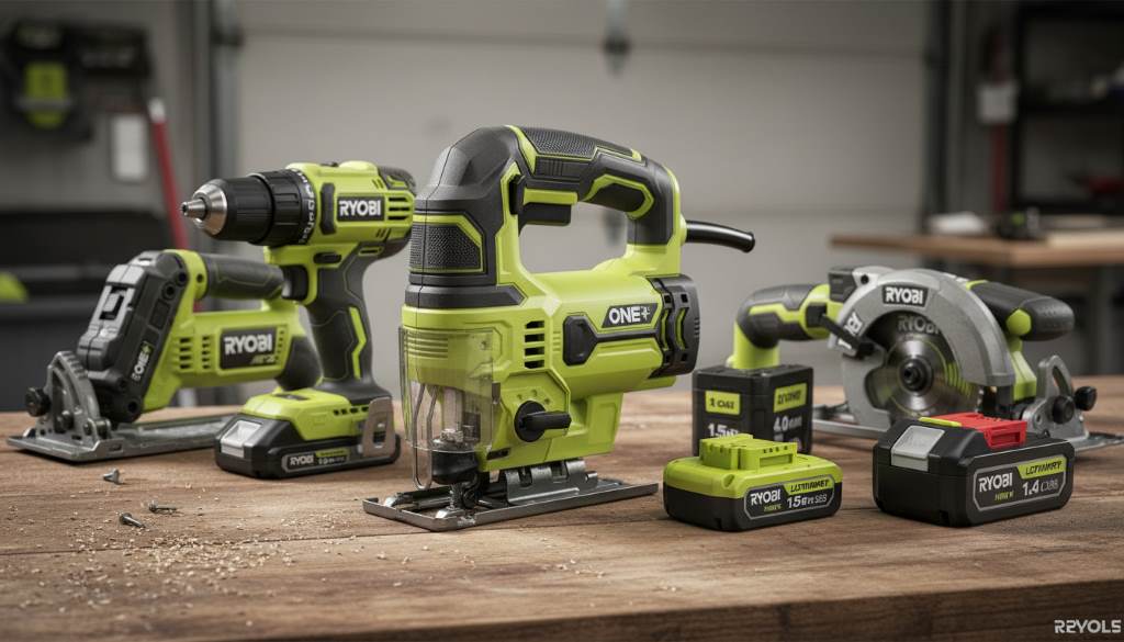 RYOBI ONE+ 18V jig saw beside compatible batteries and other ONE+ system tools on workbench