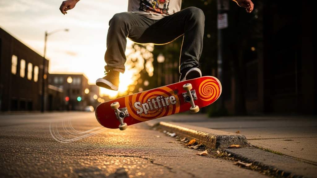 Skater performing an ollie on street with Spitfire 52mm wheels and visible smooth roll