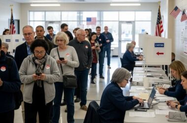 Diverse American voters standing in line at a polling station during midterm elections casting their ballots
