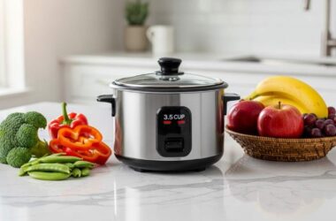 Compact 3.5-cup rice cooker sitting on a modern kitchen counter next to fresh vegetables and fruits