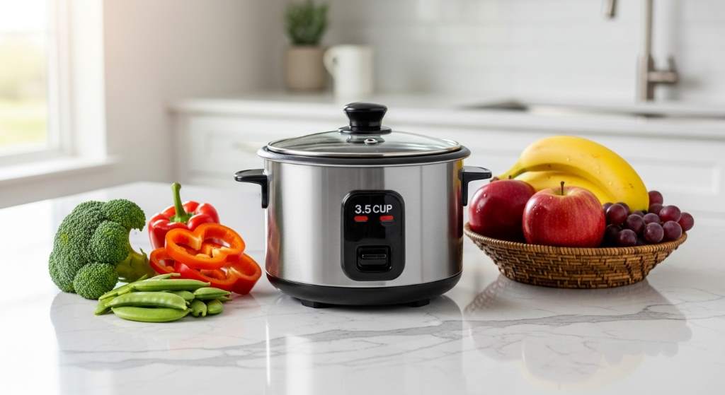 Compact 3.5-cup rice cooker sitting on a modern kitchen counter next to fresh vegetables and fruits