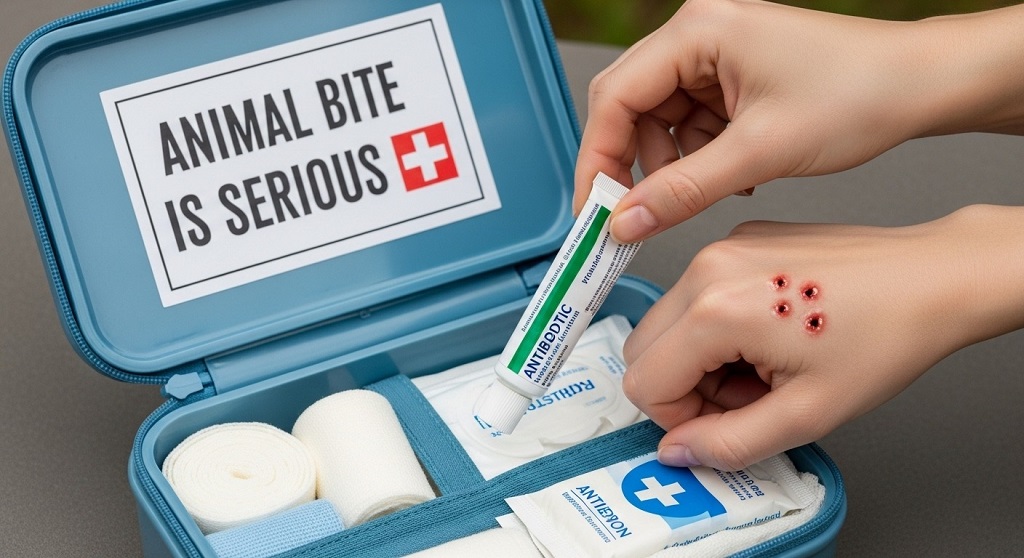 Animal bite wound infection signs on human skin