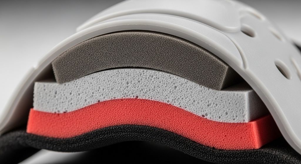 Close-up cross-section of protective skateboard pad showing multiple foam layers and hard outer shell for impact absorption