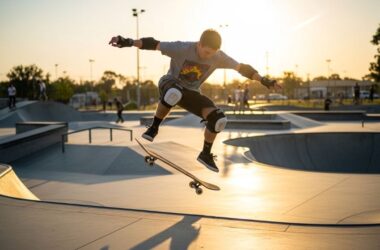 Skateboarder wearing protective knee pads, elbow pads, and wrist guards while performing tricks at skate park