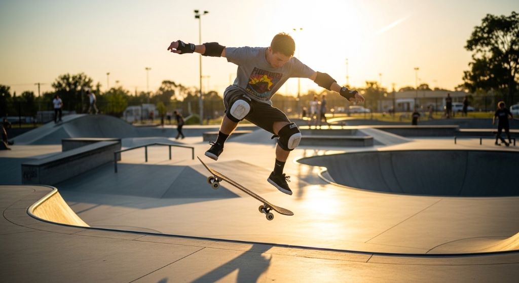 Skateboarder wearing protective knee pads, elbow pads, and wrist guards while performing tricks at skate park