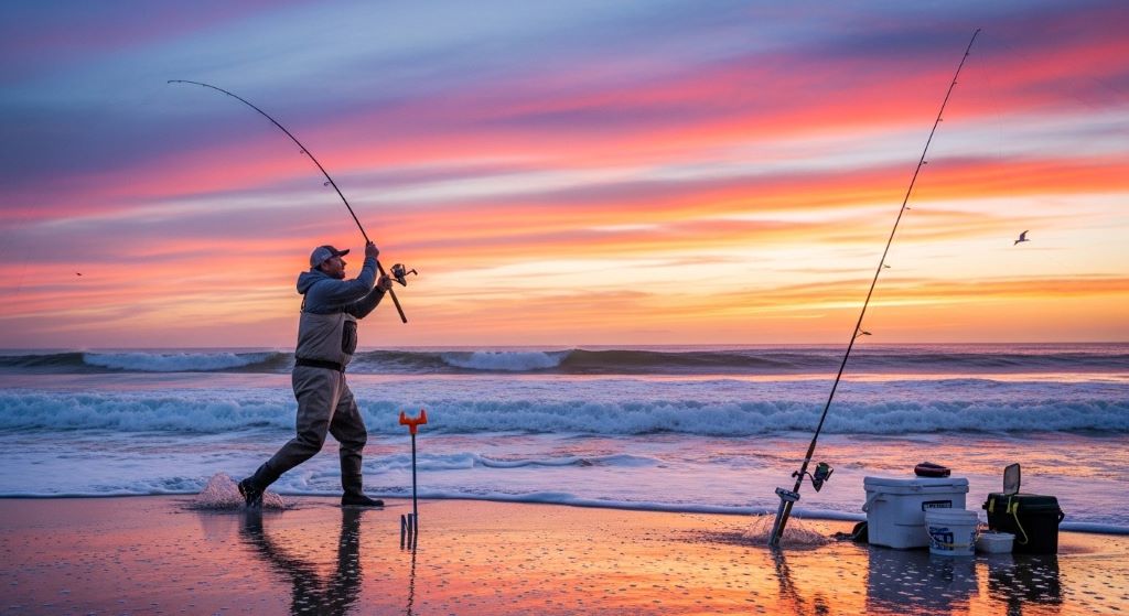 Angler casting surf fishing rod into ocean waves with proper beach fishing equipment including sand spike and cooler nearby