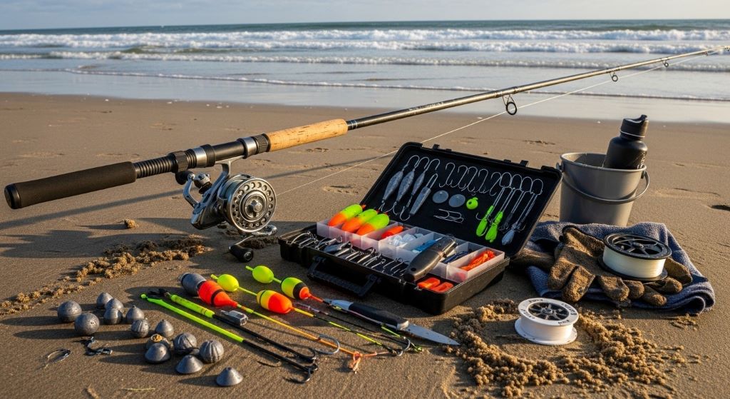Complete surf fishing rod and reel setup with tackle box and accessories laid out on sandy beach ready for saltwater fishing