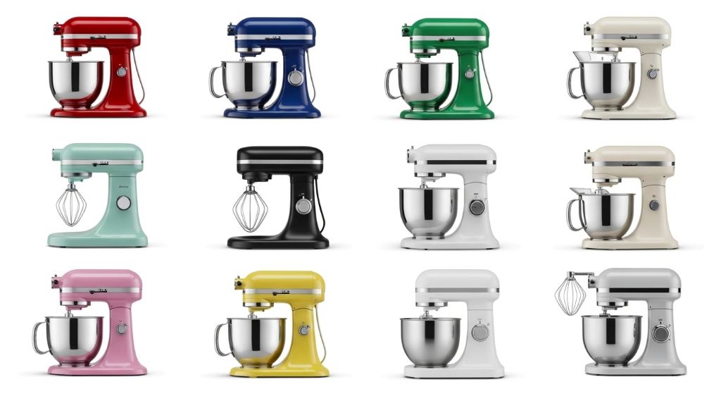 Side-by-side comparison of different stand mixer models in various colors and sizes on white background