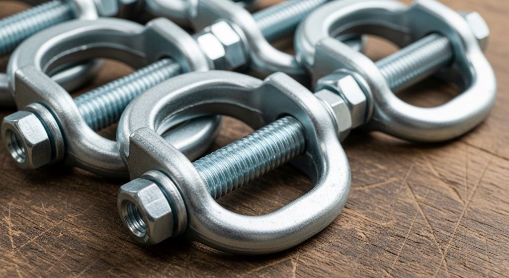 Close-up of rust resistant wire rope clips with U-bolt and saddle