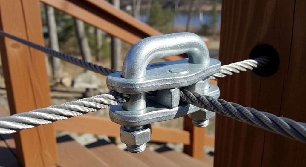 Galvanized rope clamp securing steel cable on outdoor deck railing