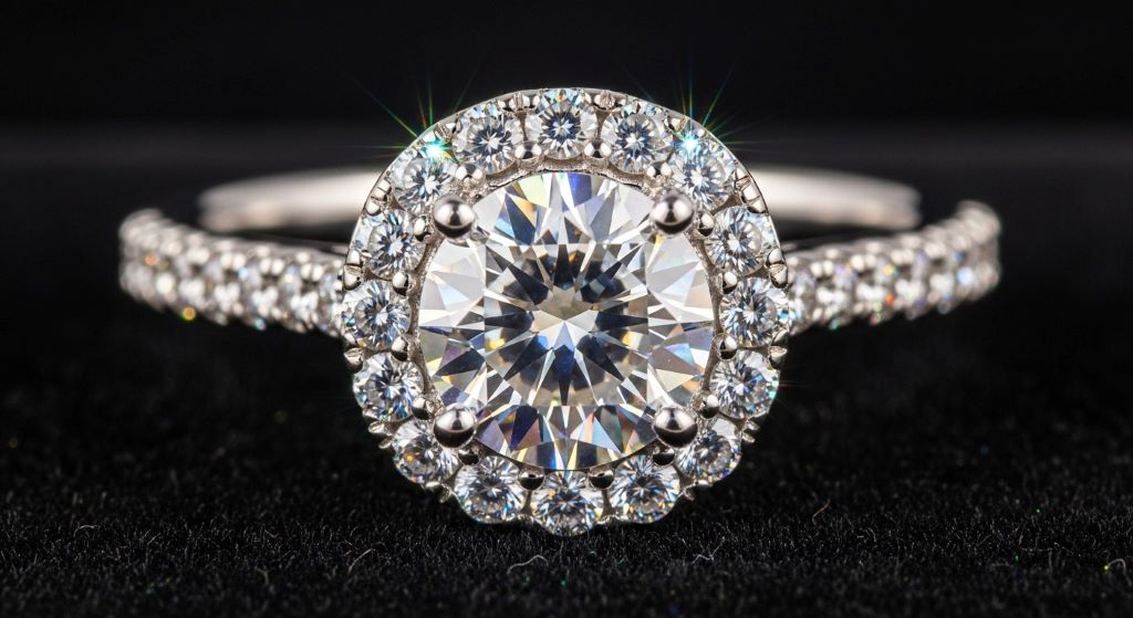 Brilliant moissanite ring with sparkling stone in halo setting reflecting rainbow light
