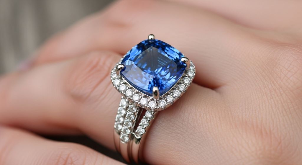 Colorful sapphire engagement ring with blue gemstone in white gold setting on hand
