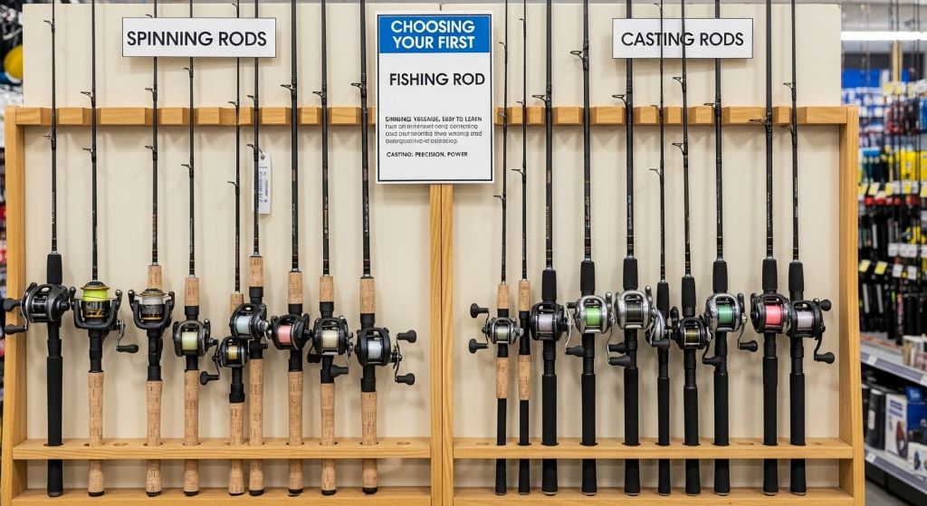 Comparison of different fishing rod lengths and types displayed on rack showing spinning and casting options for new fishermen