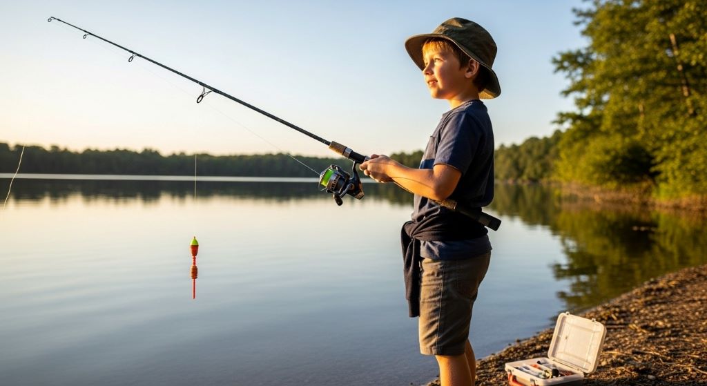 Beginner angler holding medium power spinning rod with reel combo standing by lake ready for first fishing trip
