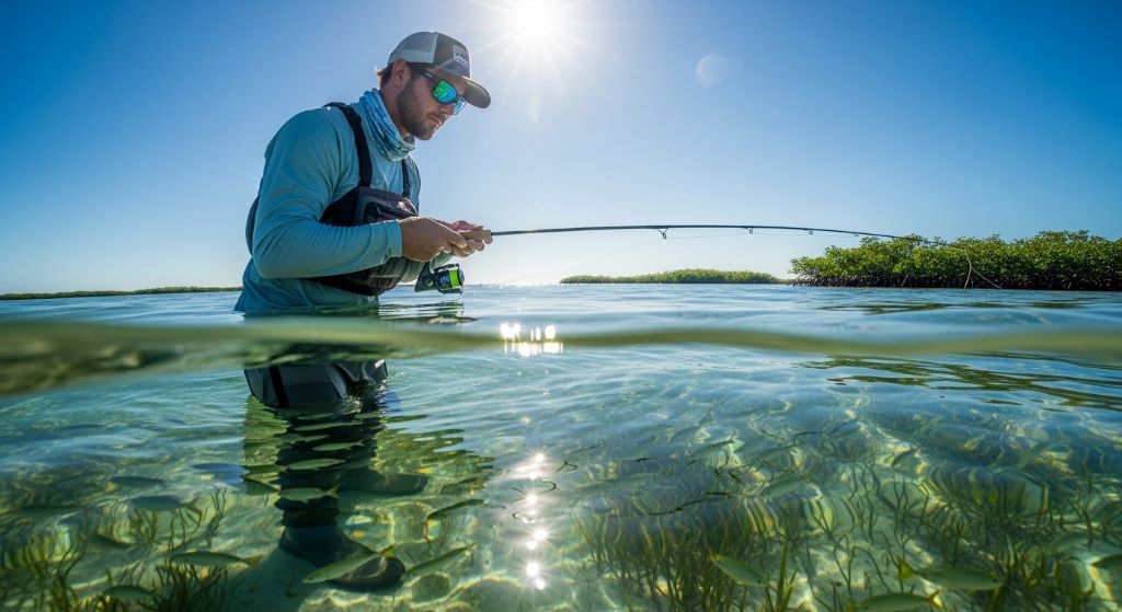 Angler wearing polarized fishing sunglasses while sight fishing in shallow water on sunny day with clear view below surface