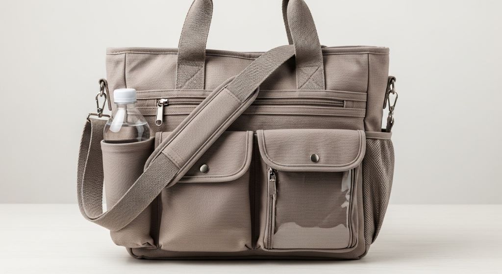 Stylish teacher tote bag in neutral color with padded straps and organizational pockets displayed on clean background showing practical design