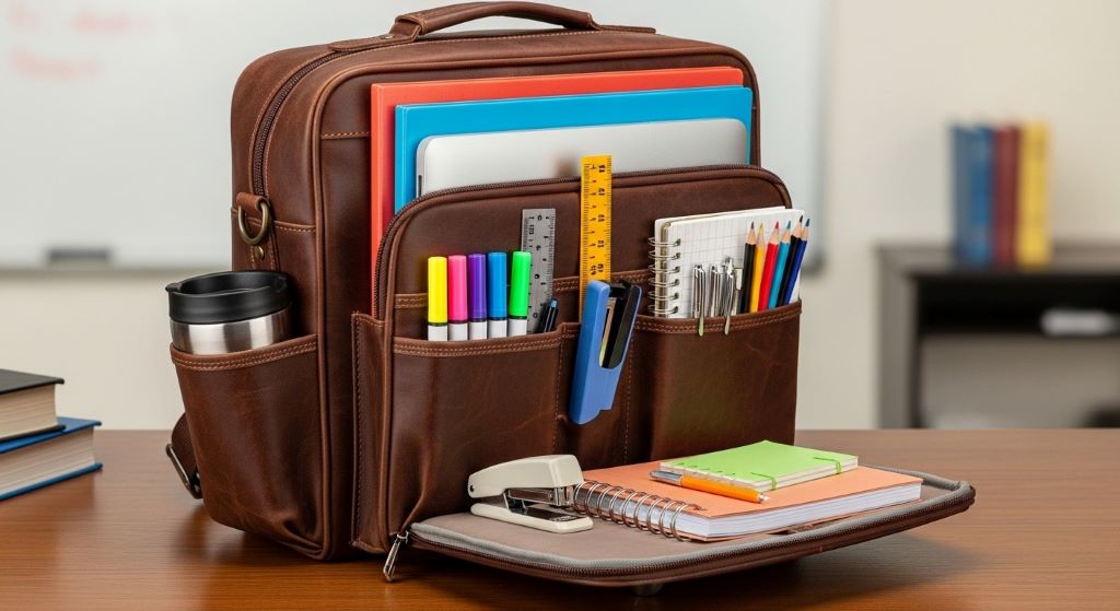 Professional teacher bag with multiple compartments filled with laptop, folders, and school supplies organized for daily classroom use