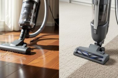 Side-by-side comparison showing canister vacuum on hardwood floor and upright vacuum on carpet demonstrating different cleaning capabilities