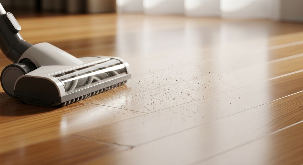 Close-up of vacuum cleaning head on hardwood floor surface highlighting gentle cleaning action and floor protection features