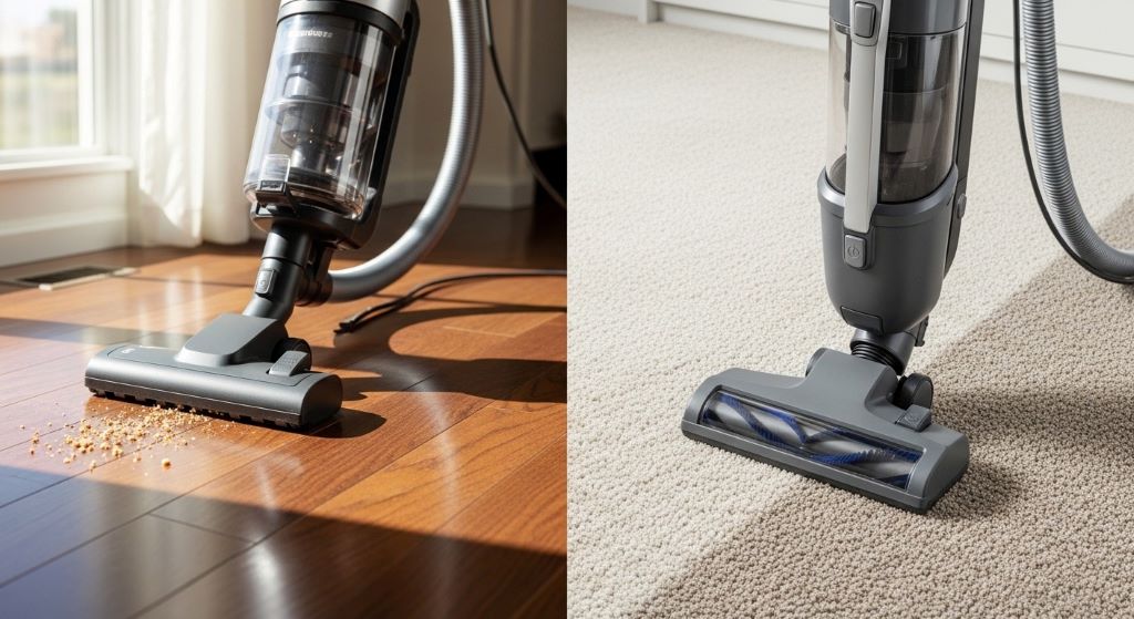 Side-by-side comparison showing canister vacuum on hardwood floor and upright vacuum on carpet demonstrating different cleaning capabilities