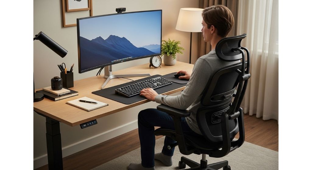 Ergonomic office setup showing proper chair height, monitor placement, and desk arrangement for back health