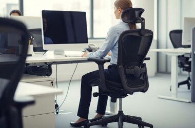 Office worker sitting with correct posture in ergonomic chair with feet flat on floor and back supported