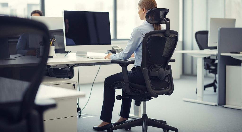 Office worker sitting with correct posture in ergonomic chair with feet flat on floor and back supported