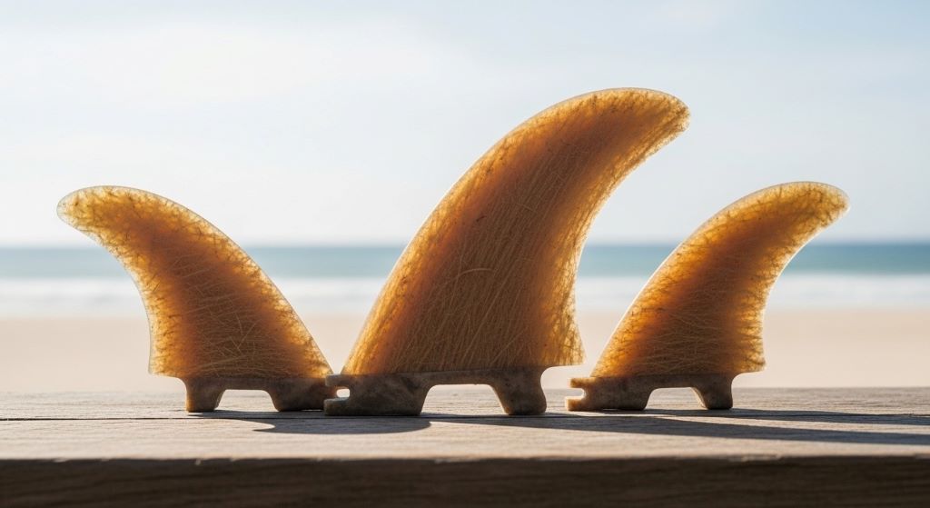 Eco-friendly surf fin set with bio-based resin construction showing natural fiber texture