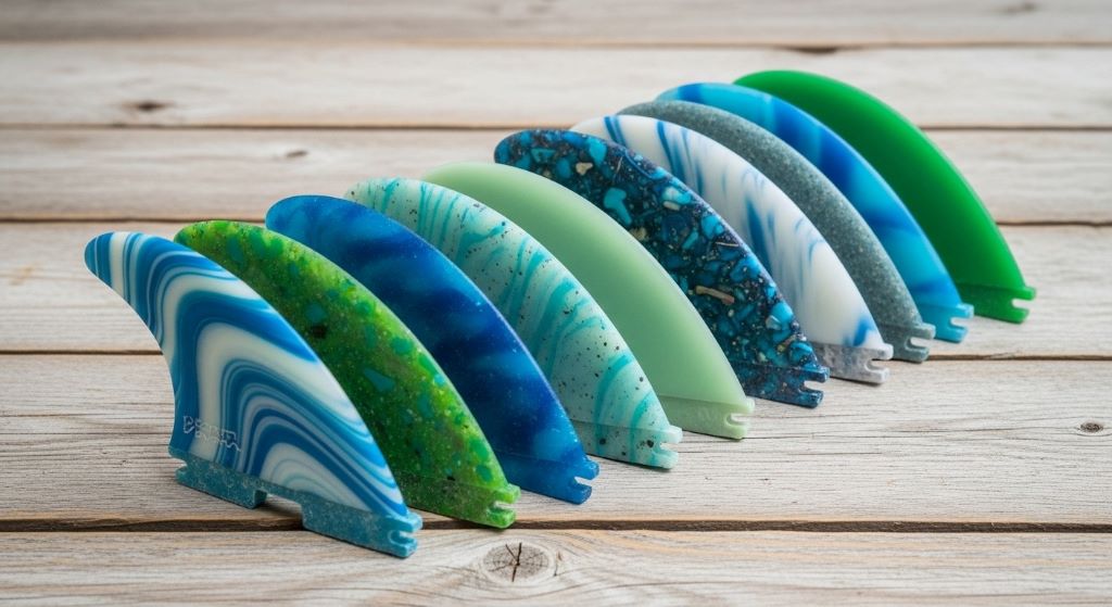 Sustainable surfboard fins made from recycled ocean plastic displayed on wooden background