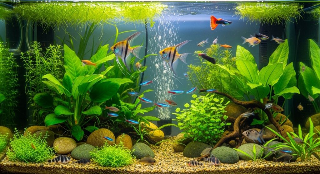 Freshwater aquarium with diverse community of tropical fish swimming peacefully among plants and decorations