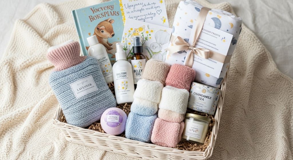 Thoughtfully arranged comfort gift basket with self-care items, cozy socks, and nesting essentials for expectant mother in final trimester