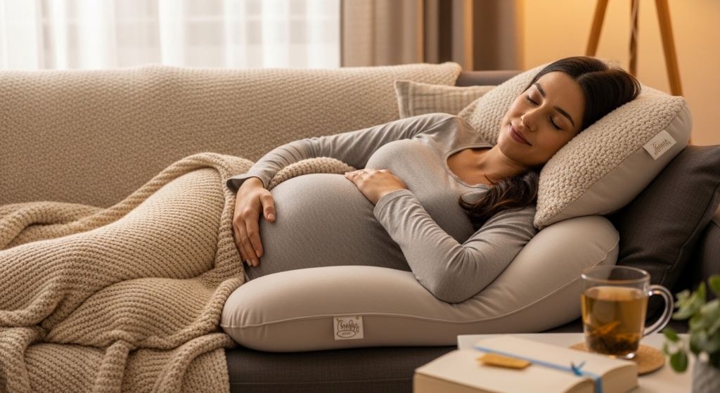 Pregnant woman in third trimester relaxing with comfort items including pregnancy pillow and cozy blanket during late pregnancy rest
