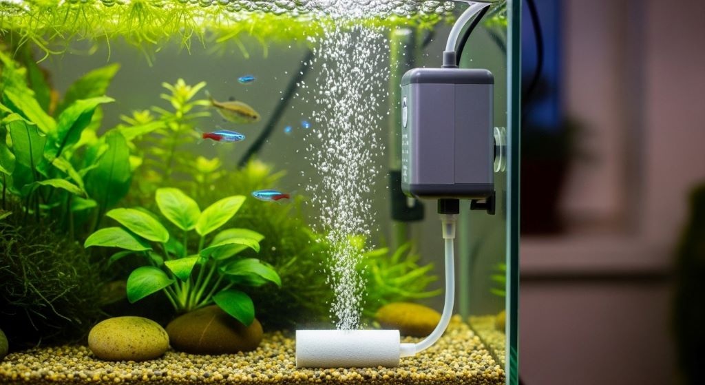 Energy-efficient nano air pump mounted beside small freshwater aquarium with air stone diffuser