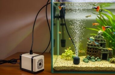 Compact aquarium air pump with tubing connected to 20-gallon fish tank creating oxygen bubbles