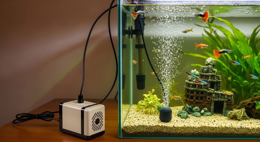 Compact aquarium air pump with tubing connected to 20-gallon fish tank creating oxygen bubbles