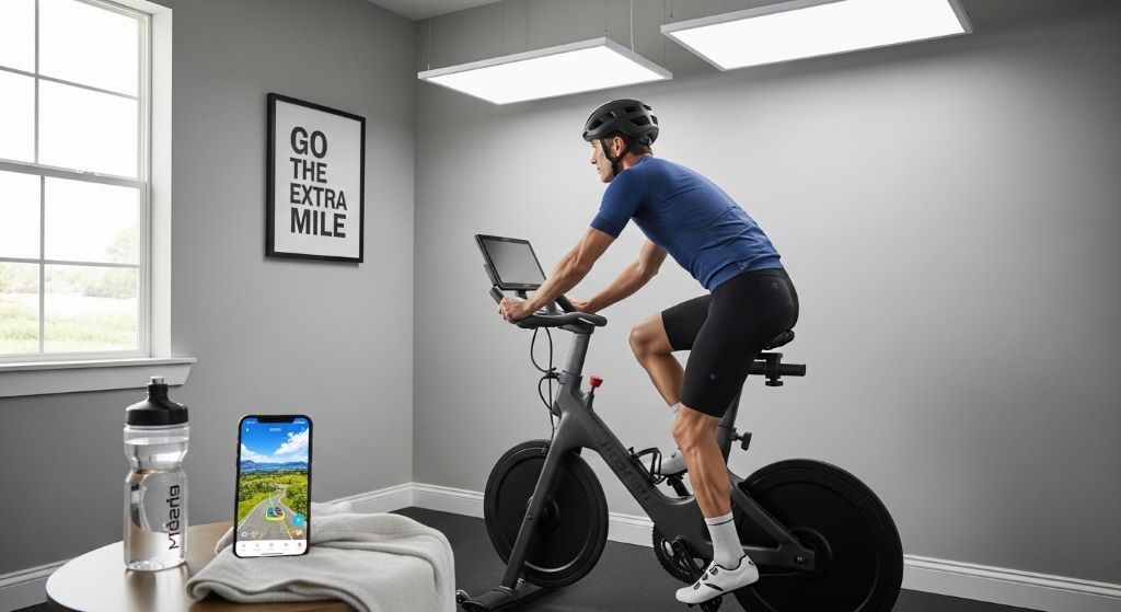 Cyclist safely riding road bike on direct-drive indoor trainer with proper ventilation setup and training mat protecting floor in dedicated workout area